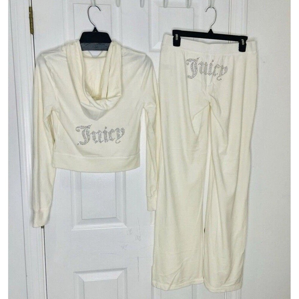 Juicy Couture Velour Tracksuit Hoodie Pants Size XL Oyster White Y2K